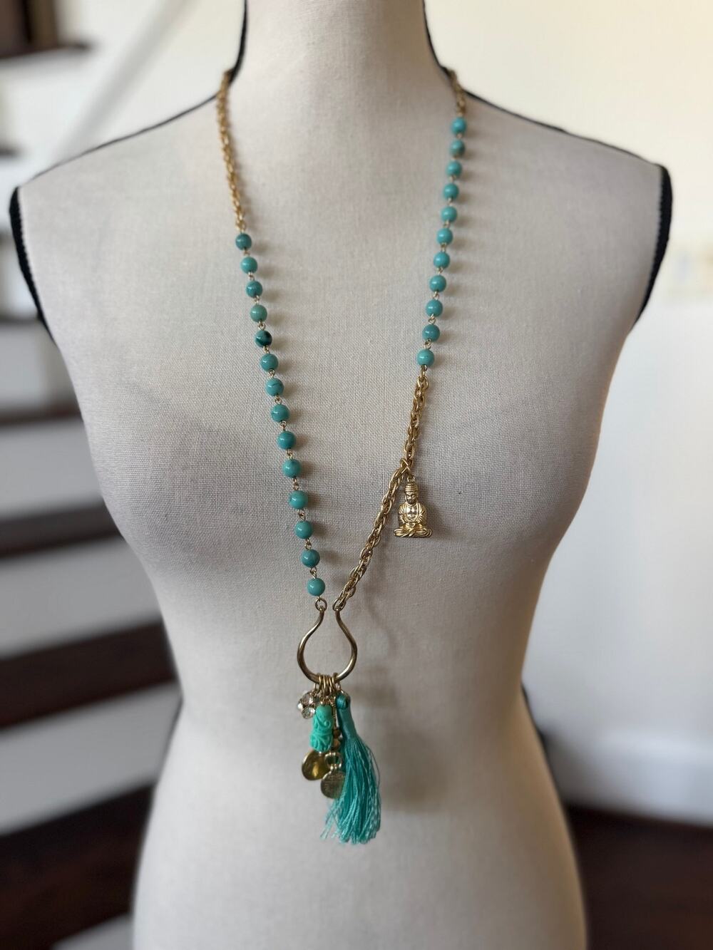 Chicos Faux Turquoise Bead Gold Chain Buddha Rhinestone Dangle Tassel Necklace